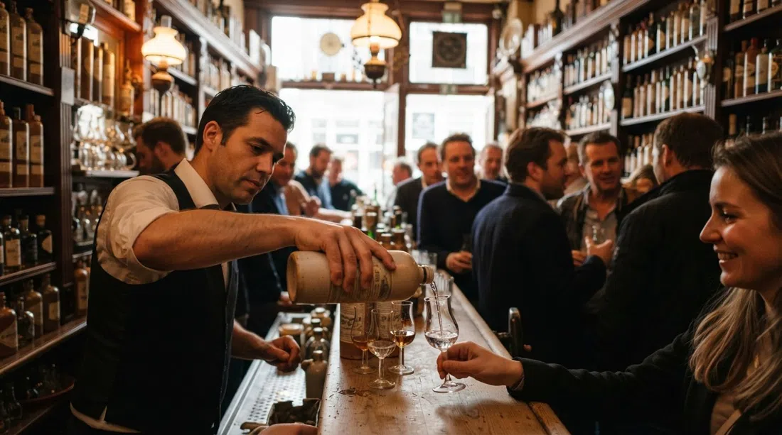 the standing-room interior of Wynand Fockink off the Dam, with tulip-shaped genever glasses, a bartender pouring to the meniscus and warm amber light