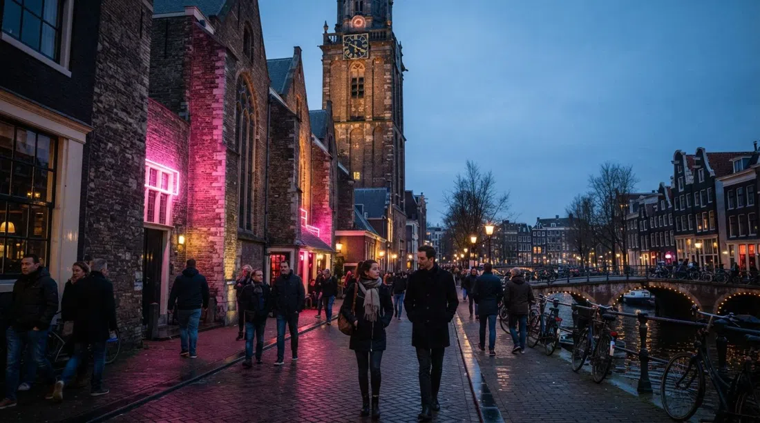 the Oude Kerk in De Wallen at dusk, medieval brick lit by pink neon from nearby windows, with the old church tower rising above the narrow street