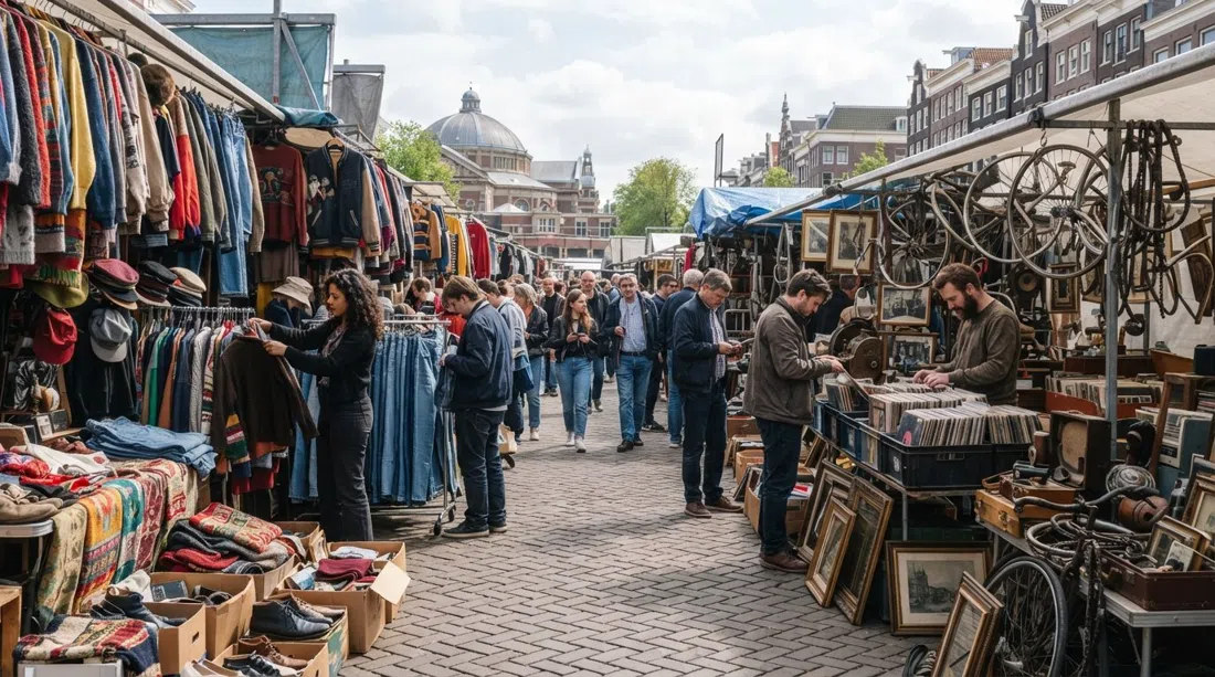 the Waterlooplein flea market with rows of vintage clothes, records and bike parts spread across stalls under open daylight