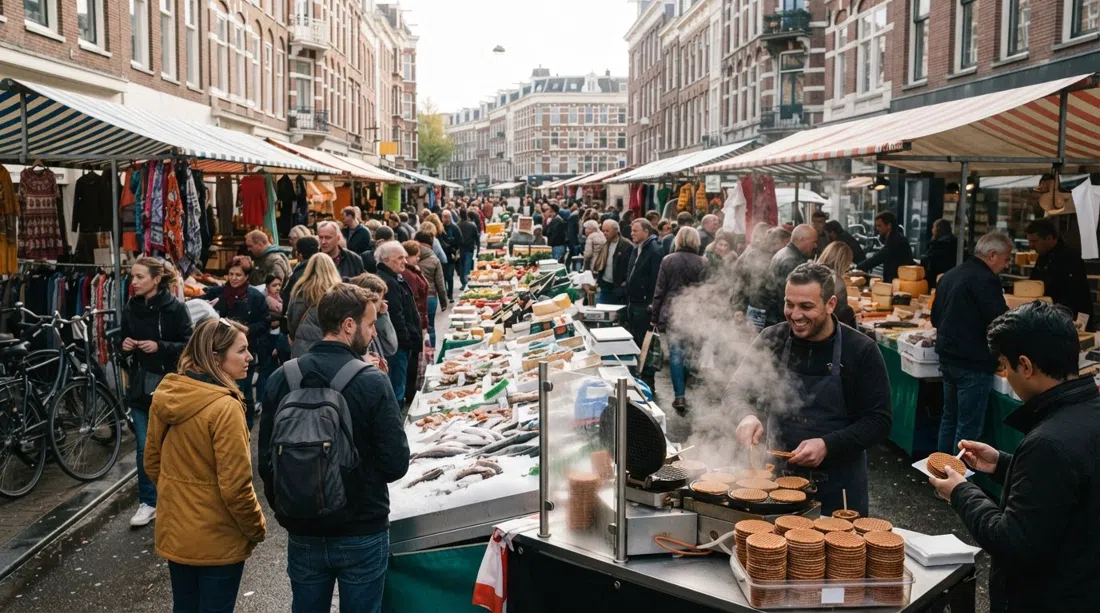 the Albert Cuyp Market in De Pijp on a busy weekday morning, stalls packed tightly along Albert Cuypstraat with stroopwafel steam and fish carts in the foreground
