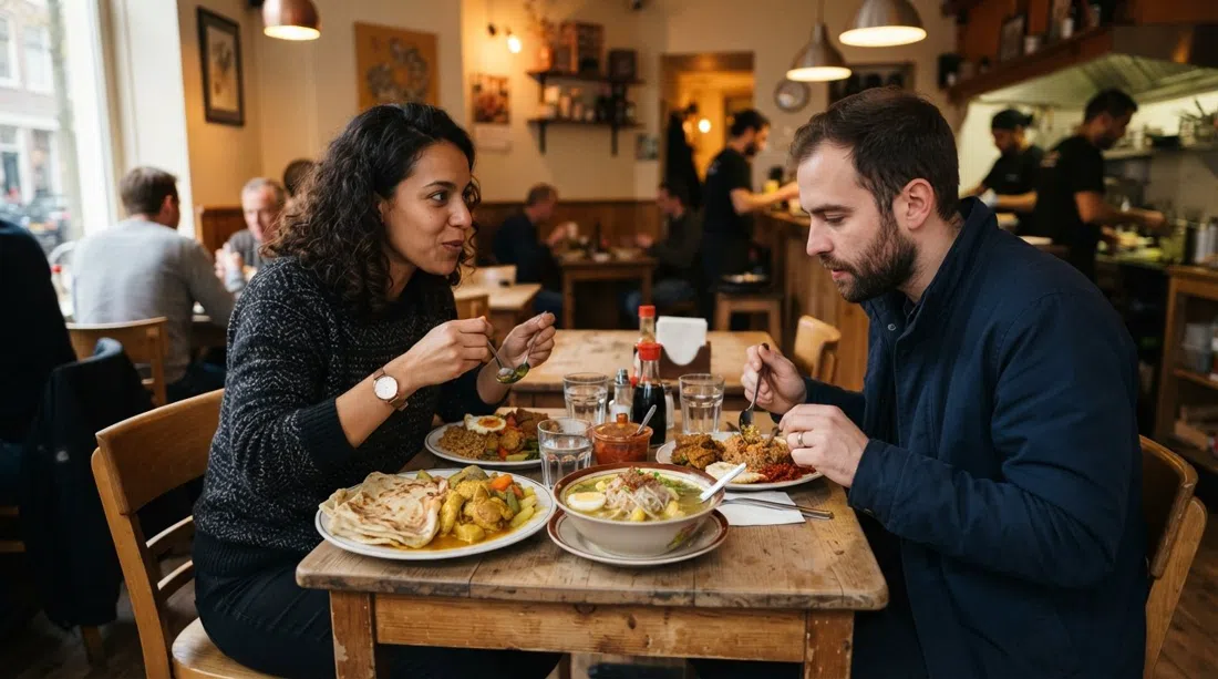 a table at Warung Spang Makandra on Gerard Doustraat 39 with roti, saoto soup and nasi served in the tiny family-run room