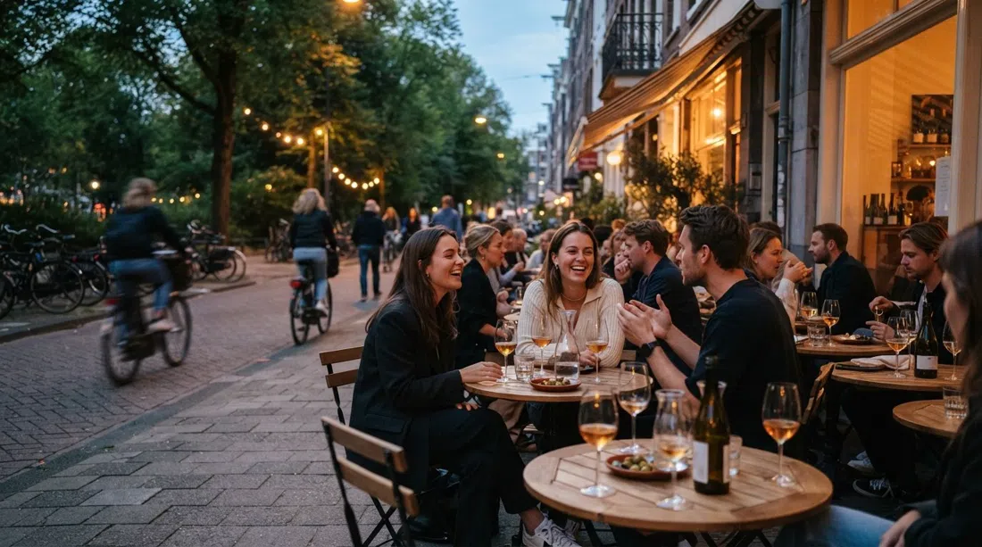 the terrace at Glouglou on Tweede van der Helststraat 3 on a warm evening, natural-wine glasses and low tables spilling onto the pavement near Sarphatipark