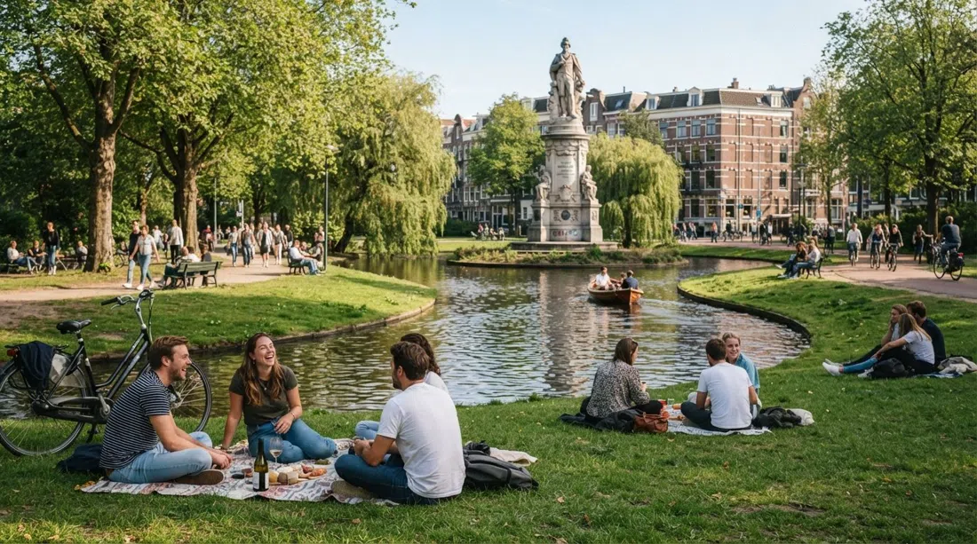 Sarphatipark in De Pijp on a sunny afternoon, picnickers on the grass beside ponds and the Samuel Sarphati monument