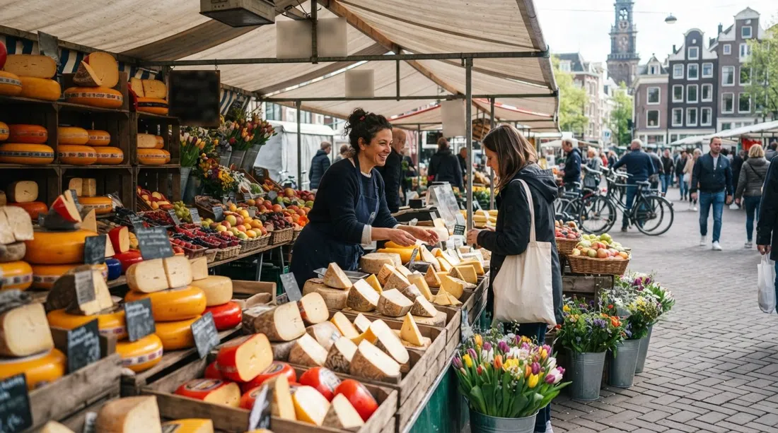 a produce-and-cheese stall on Albert Cuyp Market with wedges of Dutch cheese, fruit and flowers stacked tightly under the market awnings