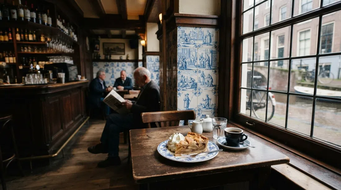 the dark wood interior of Cafe 't Papeneiland with Delft tiles, a wedge of apple pie on a plate and coffee on a small table by the window