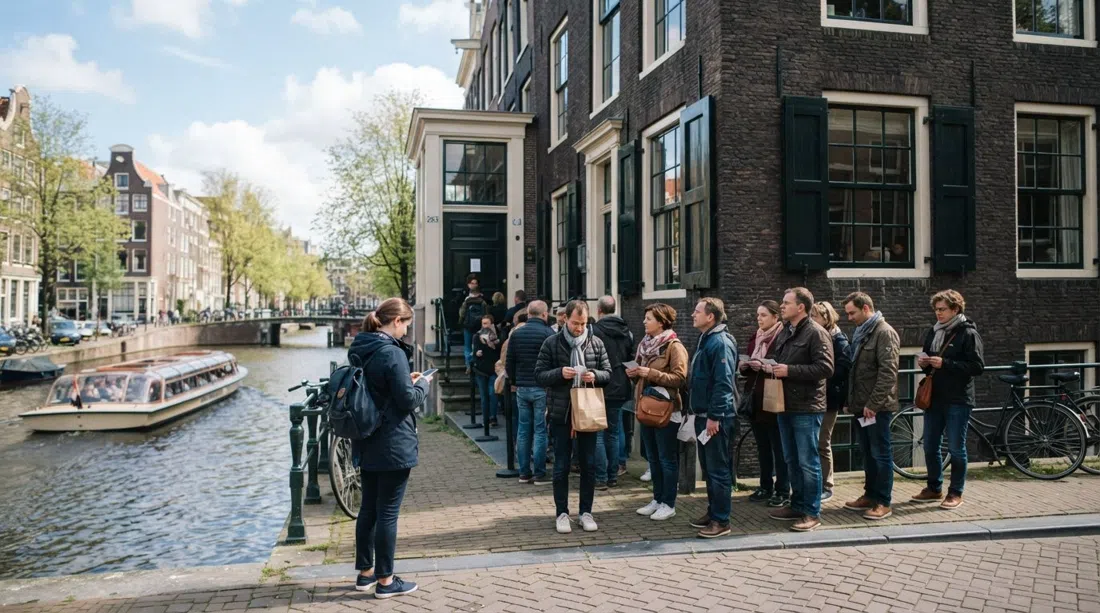 the exterior of the Anne Frank House on Prinsengracht 263-267, visitors gathered quietly outside on a bright Amsterdam morning