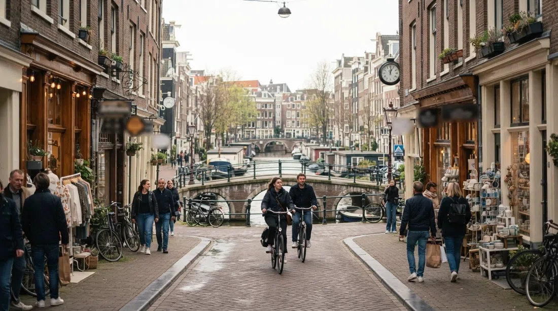 a narrow Nine Streets lane with independent boutiques, vintage shop windows and cyclists passing between canal bridges in soft daylight