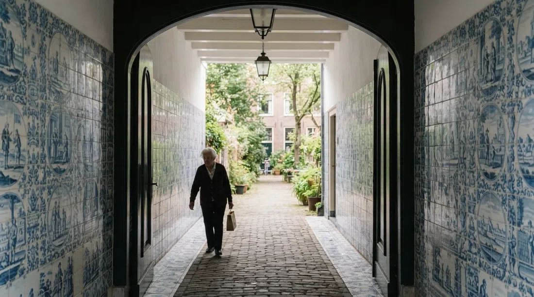 the blue-and-white Delft-tiled passage at Sint Andrieshofje on Egelantiersgracht 107–145, seen through a quiet entrance with soft daylight and no crowds
