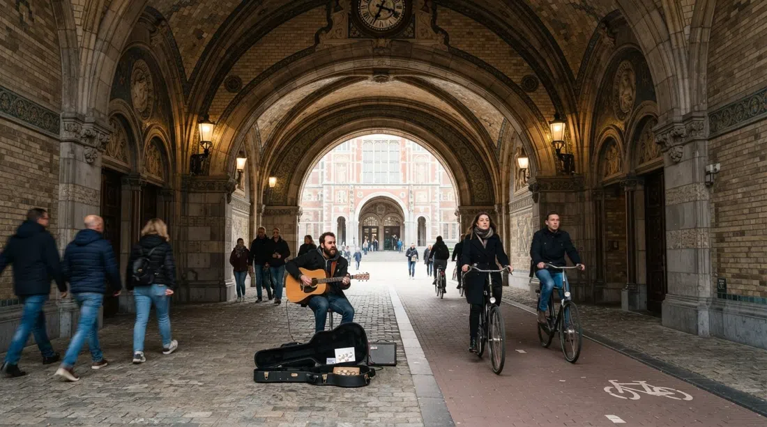 cyclists and a busker under the vaulted passage through the Rijksmuseum, tiled arches amplifying the music in a bright daytime scene
