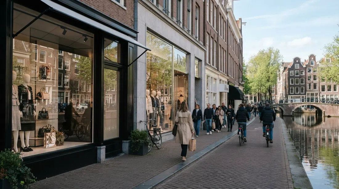 the immaculate luxury storefronts of P.C. Hooftstraat with Chanel and Dior windows reflecting a calm Amsterdam afternoon