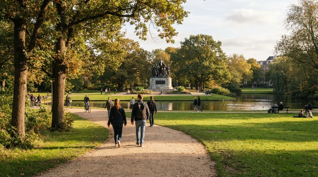 Oosterpark in Amsterdam-Oost at late afternoon, winding paths, ponds and the National Slavery Monument framed by trees and open lawn