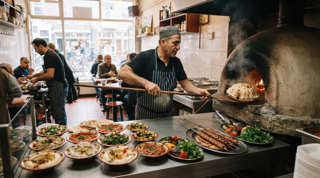 Nour on Javastraat in Amsterdam-Oost, oven-fresh flatbreads being pulled from the oven beside mezze and adana kebab on the counter
