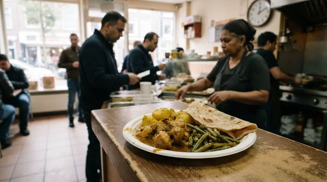 Roopram Roti on Eerste van Swindenstraat, a takeaway roti plate with curried chicken, potato and long beans on a busy local counter