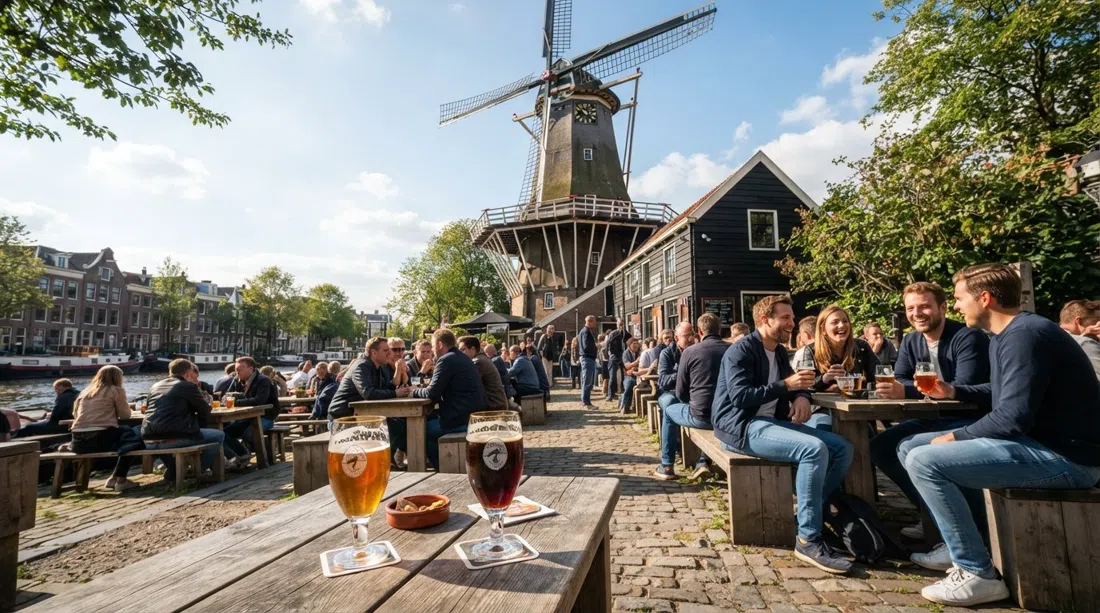 Brouwerij 't IJ terrace under the De Gooyer windmill on a sunny afternoon, glasses of Zatte and Natte on wooden tables beside the sails