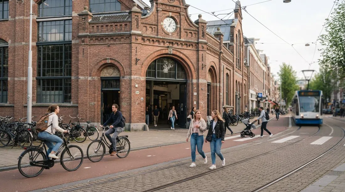 the brick exterior and entrance of De Hallen in Oud-West, with cyclists and pedestrians crossing Kinkerstraat in soft afternoon light