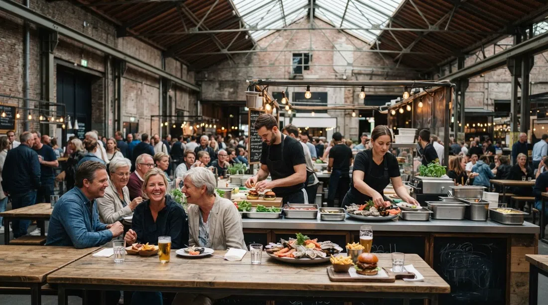 a busy Foodhallen counter inside De Hallen, with burgers, seafood platters and shared tables under the depot’s high industrial roof