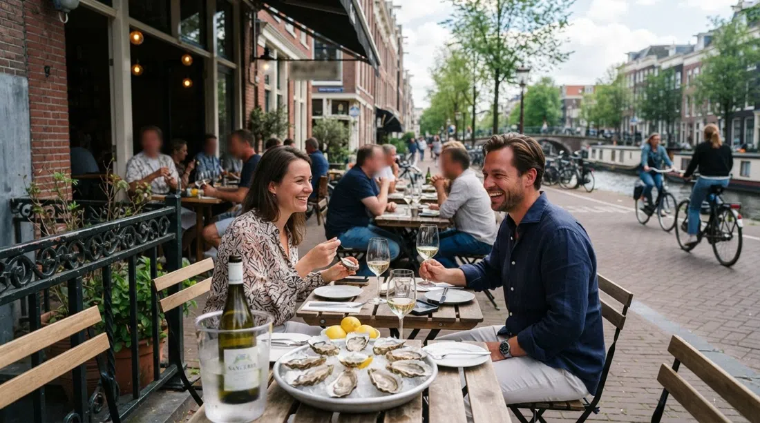 the terrace at Pastis on 1e Constantijn Huygensstraat, tables set for oysters and wine beside the street