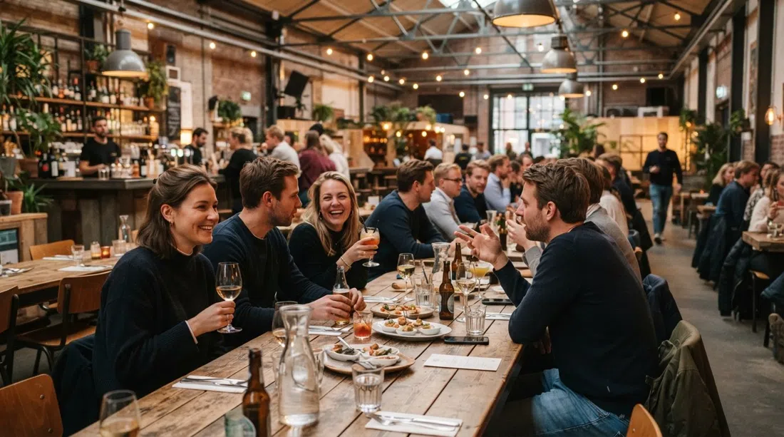the Kanarie Club interior inside De Hallen, with drinks, warm lighting and after-work diners at long tables