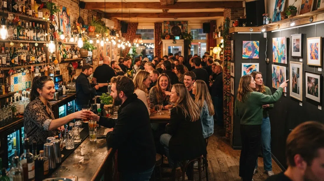 Bar Bario’s welcoming bar space with colourful details, a small gallery corner and people gathered for an evening event
