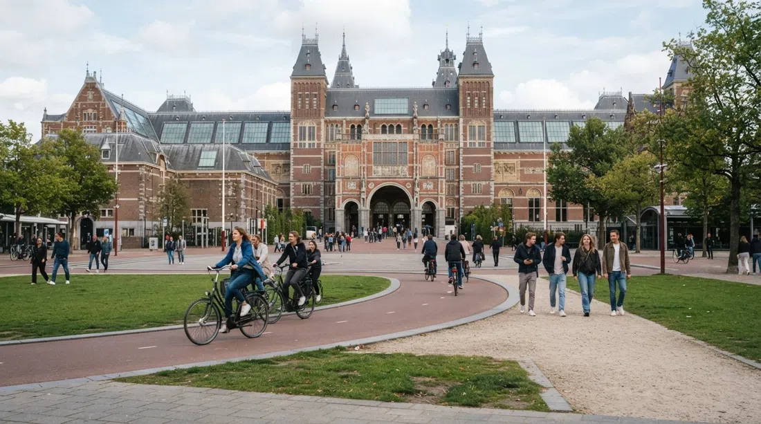 Museumplein in Amsterdam-Zuid with the Rijksmuseum’s brick arches, cyclists crossing the open square and the museum lawn in soft daylight