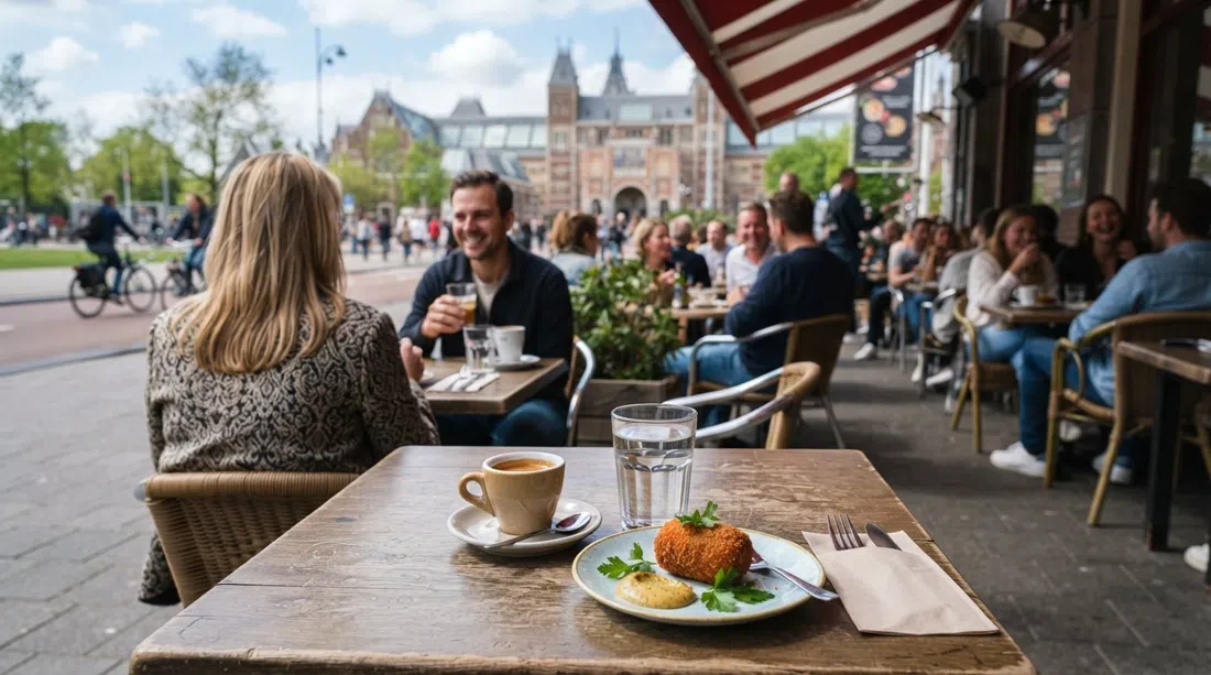 the Museumplein-facing terrace at Cobra Café on Hobbemastraat, with coffee cups and a wild-mushroom croquette in the foreground