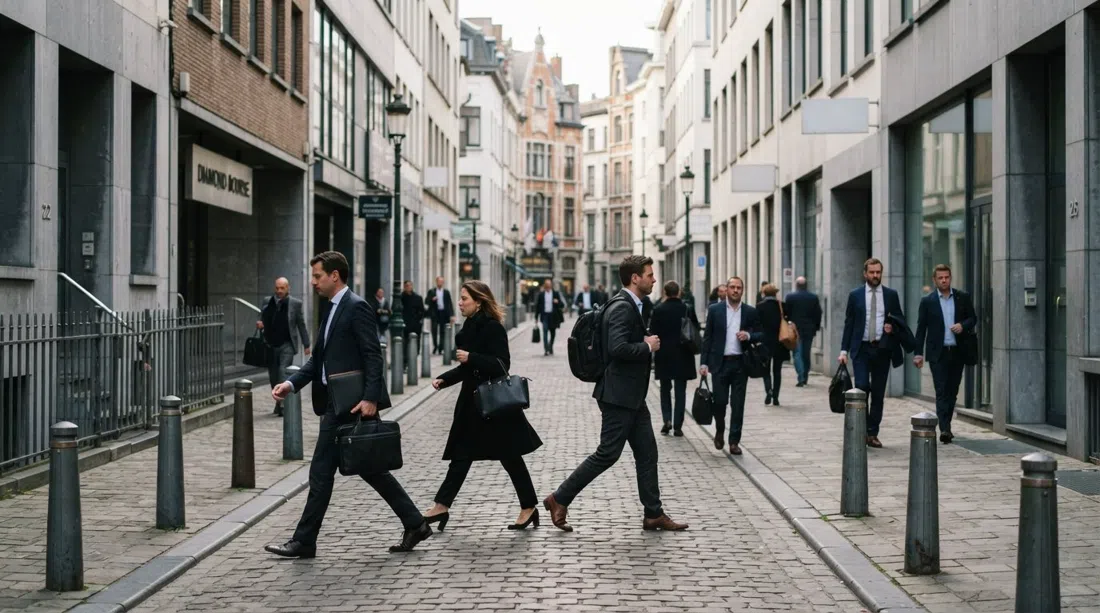 Hoveniersstraat in Antwerp’s Diamond Quarter on a weekday morning, plain office fronts, security bollards and hurried traders moving between bourses