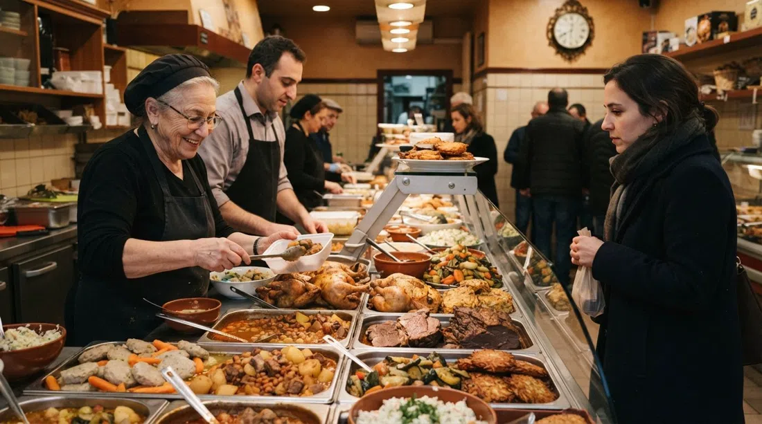 the counter at Hoffy’s on Lange Kievitstraat, with gefilte fish, cholent, roast meats and vegetable dishes laid out under warm light