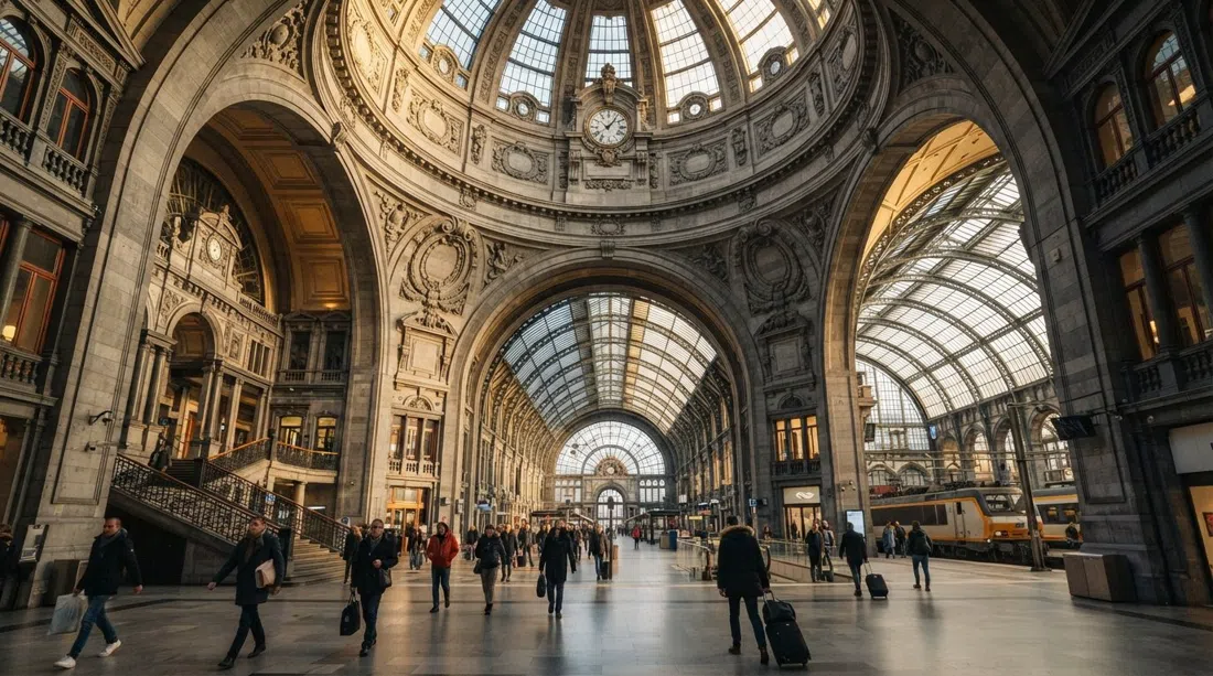 Antwerp-Centraal’s stone dome hall in early morning light, with the grand ticket hall and iron-and-glass train shed beyond