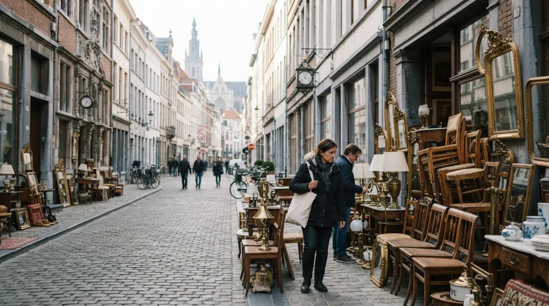 Kloosterstraat in Sint-Andries on a Sunday morning, antique lamps, gilt mirrors and stacked church chairs arranged outside townhouse façades
