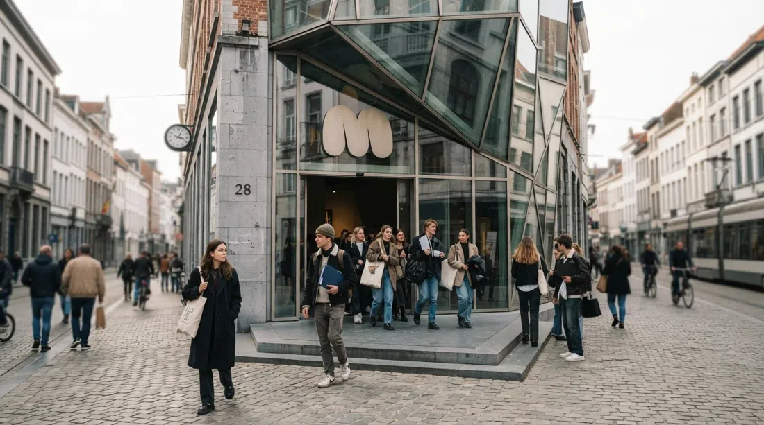 the façade of MoMu Fashion Museum on Nationalestraat 28, contemporary museum frontage with fashion students and visitors arriving under soft daylight