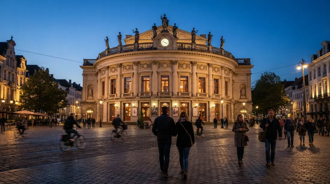 the semicircular Bourlaschouwburg on Komedieplaats at dusk, Apollo and the nine muses silhouetted along the roofline above the square