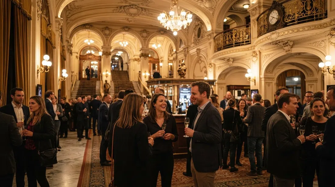De Foyer inside the Bourlaschouwburg, glowing under theatre lights with interval drinks and the neoclassical interior in the background