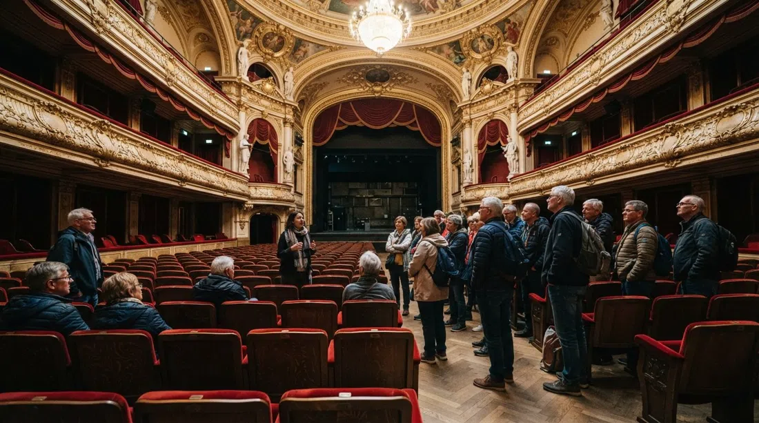 the ornate interior of the Bourlaschouwburg on a guided tour, neoclassical detailing and auditorium seats seen from the stalls