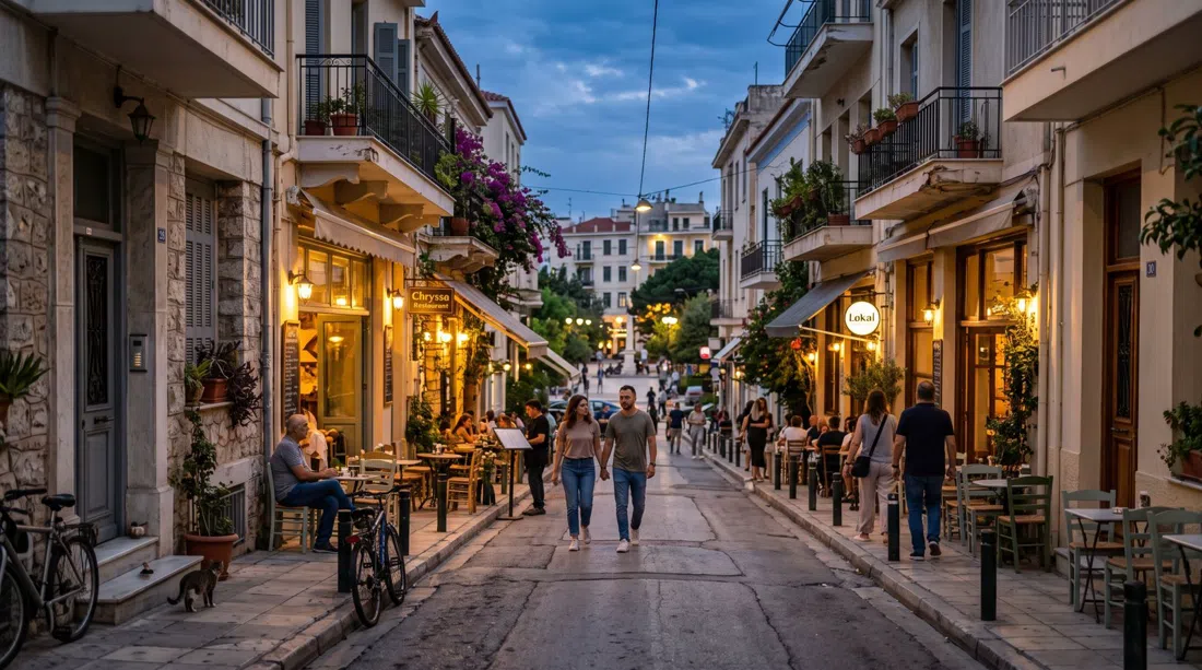 Troon Street in Petralona at dusk, with low-rise buildings, glowing café fronts and a gently uphill street perspective toward Merkouri Square