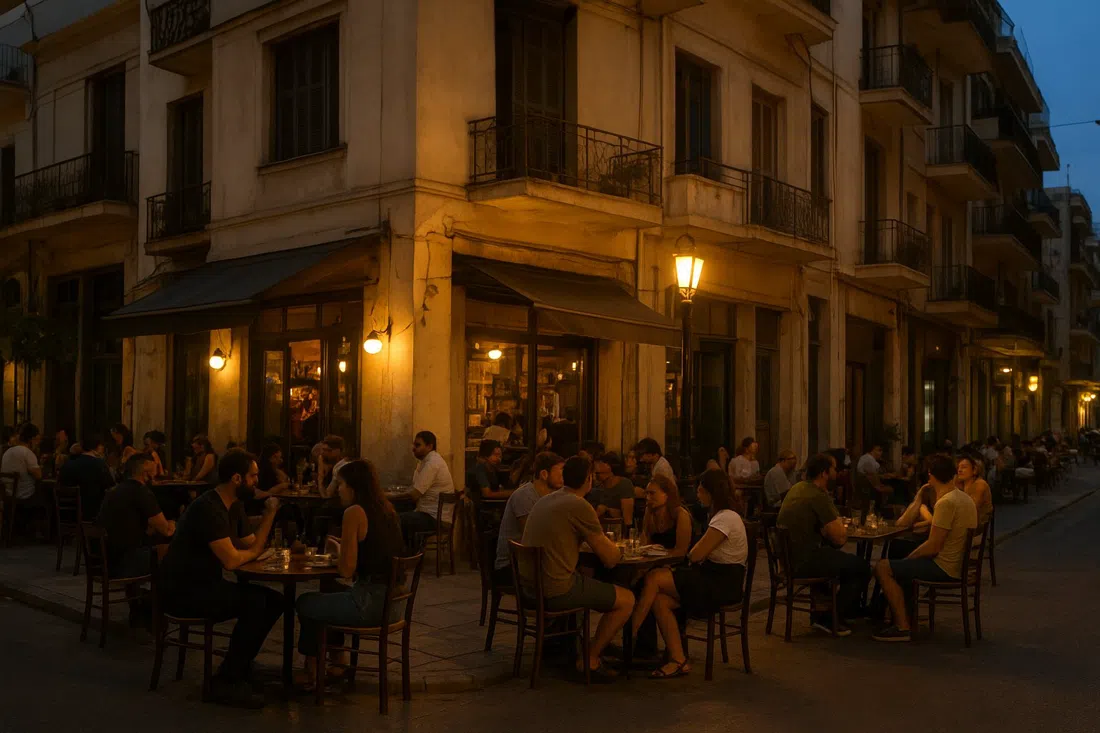 a small evening bar scene around Merkouri Square and Troon Street, with people spilling onto the pavement under warm streetlights and apartment balconies above