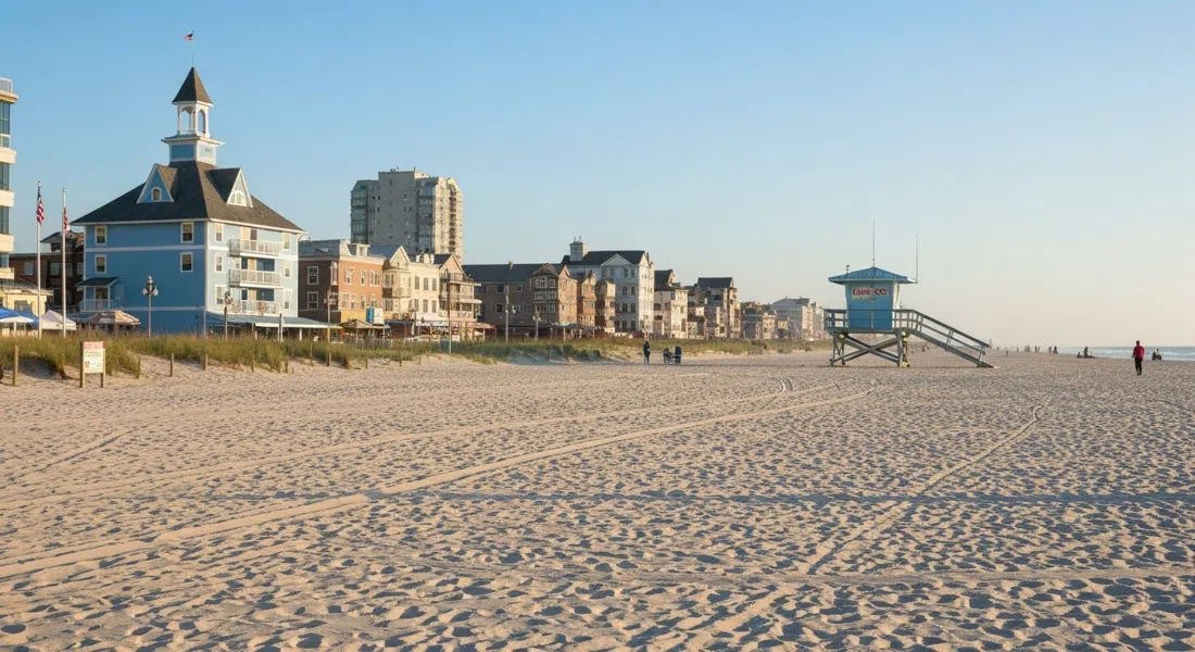 Chelsea Beach at the south end of Atlantic City, wide pale sand under a calm morning sky with the Boardwalk and lifeguard station in view