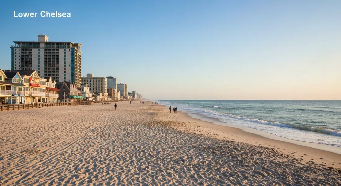 the wide free Lower Chelsea beach at Jackson Avenue in Atlantic City, empty sand and calm surf under soft morning light