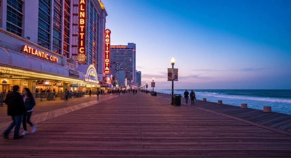 Atlantic City Boardwalk at dusk with casino towers glowing on one side and the Atlantic surf breaking on the other, the wooden planks stretching into the distance