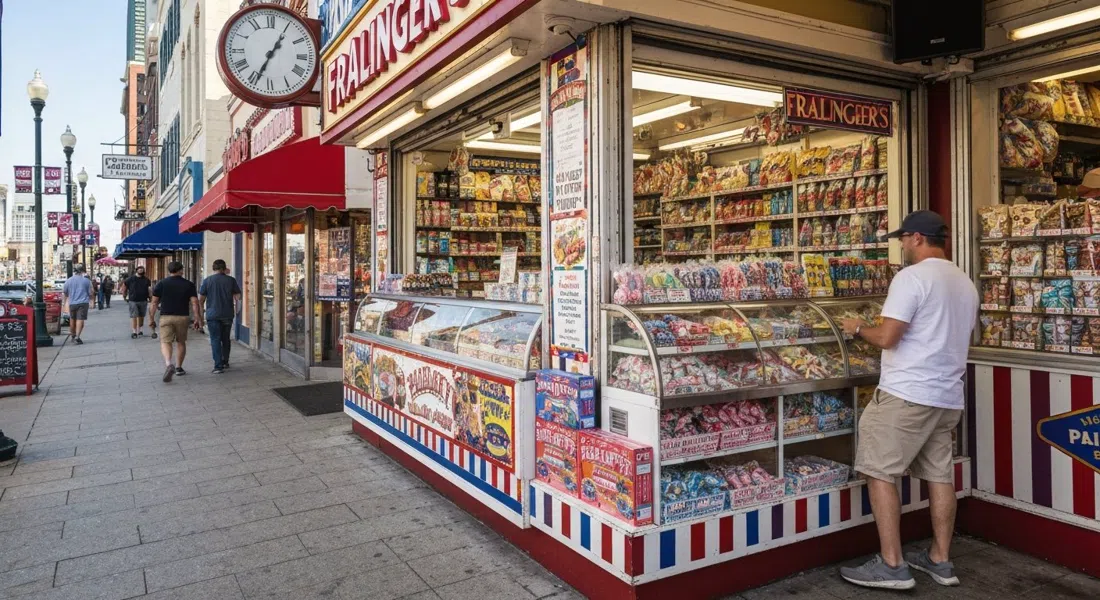 the bright Fralinger's candy counter at 1901 Boardwalk with rows of saltwater taffy boxes and a shop window catching afternoon light