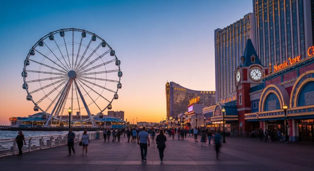 The Wheel at Steel Pier glowing at sunset above the Atlantic, enclosed gondolas outlined against the ocean and casino lights beginning to switch on