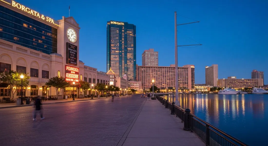 Borgata Hotel Casino & Spa glowing at dusk beside the back bay, with valet lights and the glass tower reflecting marina water
