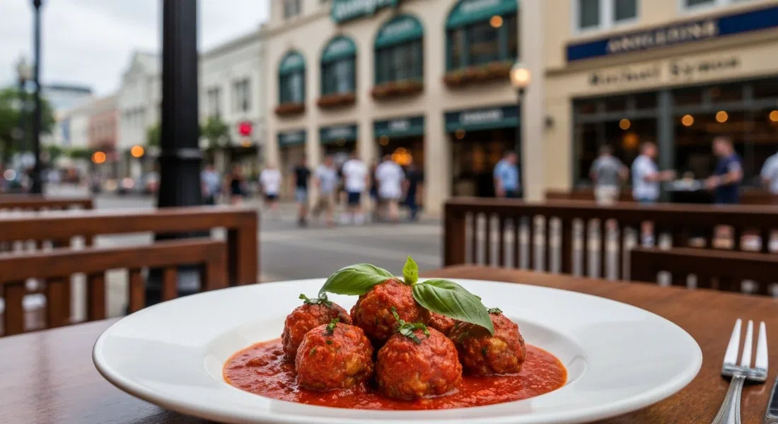 a plated serving of Mom’s Meatballs at Angeline by Michael Symon, glossy red sauce and basil in warm restaurant light