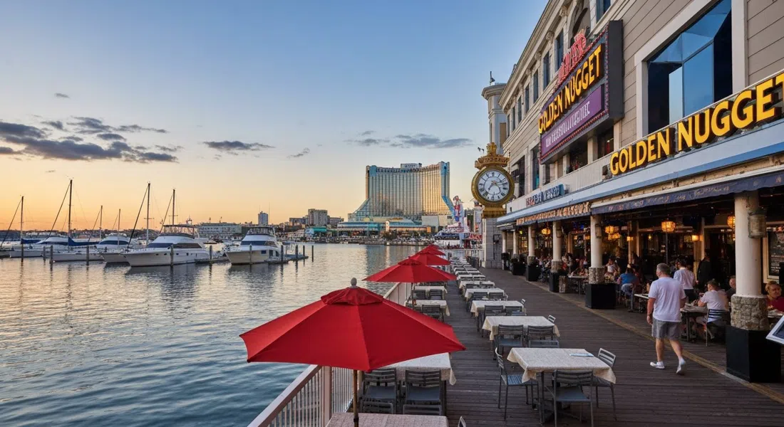 The Deck at Golden Nugget at sunset, bayfront tables, live-band stage and boats moored at the Farley Marina