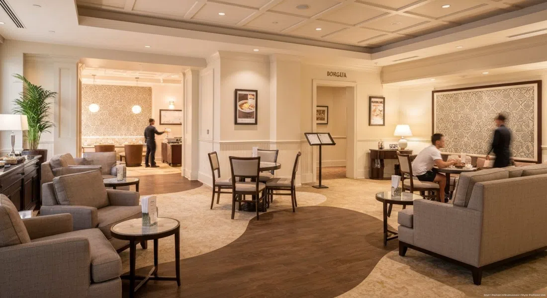 Spa Toccare at Borgata, a serene spa lounge with soft lighting, plush seating and the entrance to treatment areas