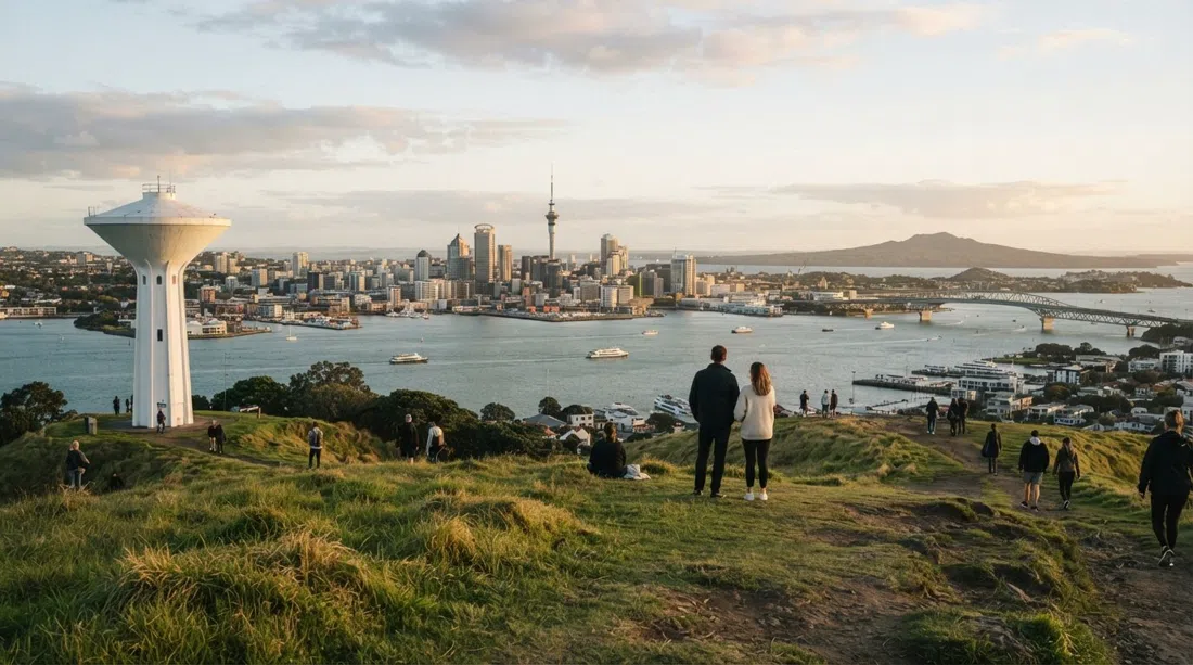the summit of Takarunga / Mount Victoria at golden hour, with Auckland skyline, the harbour bridge and Rangitoto spread out below from the 66m cone