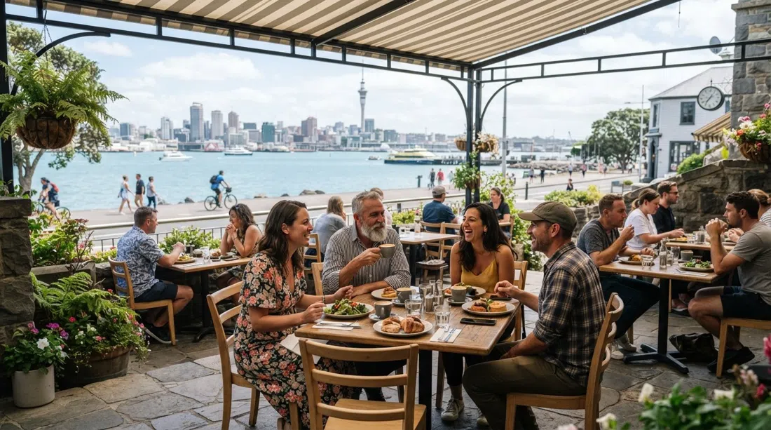 Dulcie’s canopied courtyard at Torpedo Bay in daylight, harbour water beyond the tables and a relaxed brunch scene on King Edward Parade