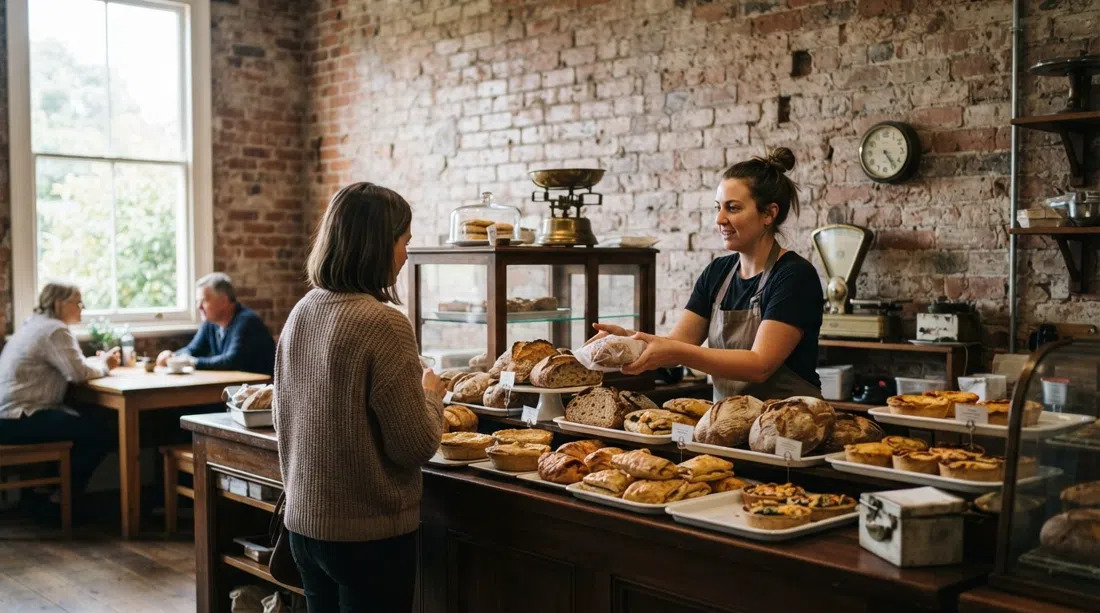 Stone Oven Bakery & Cafe inside the old telephone exchange on Clarence Street, thick brick walls, fresh bread and pies on the counter