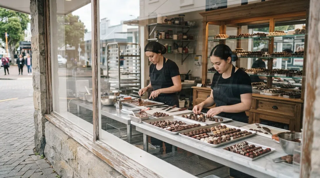 the Devonport Chocolates viewing window with chocolatiers working behind glass, trays of handmade chocolates and truffles visible inside