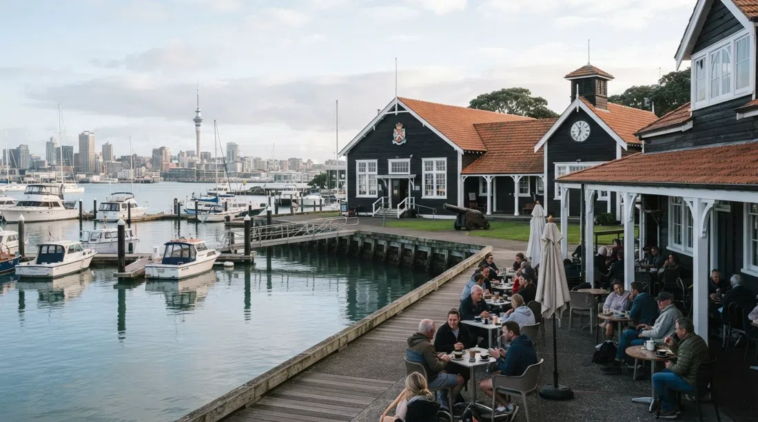 Torpedo Bay Navy Museum on the waterfront, heritage buildings beside the harbour with the cafe terrace and moored boats in soft morning light