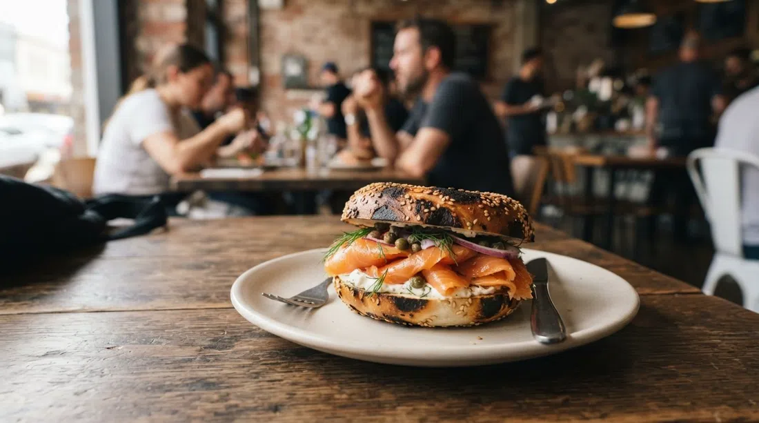a hot-smoked King Salmon bagel from Best Ugly Bagels on York Street, wood-fired crust and glossy salmon filling on a simple plate